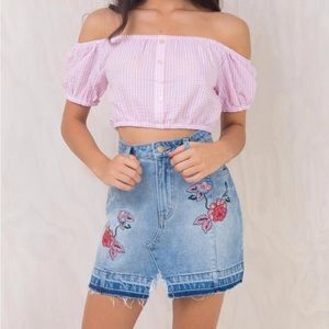 Minkpink embroidered denim skirt